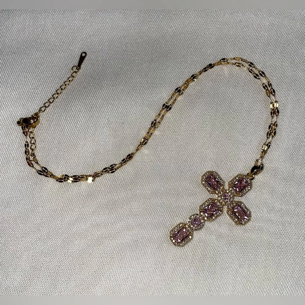 Gold & Pink Bling Cross Pendant Necklace